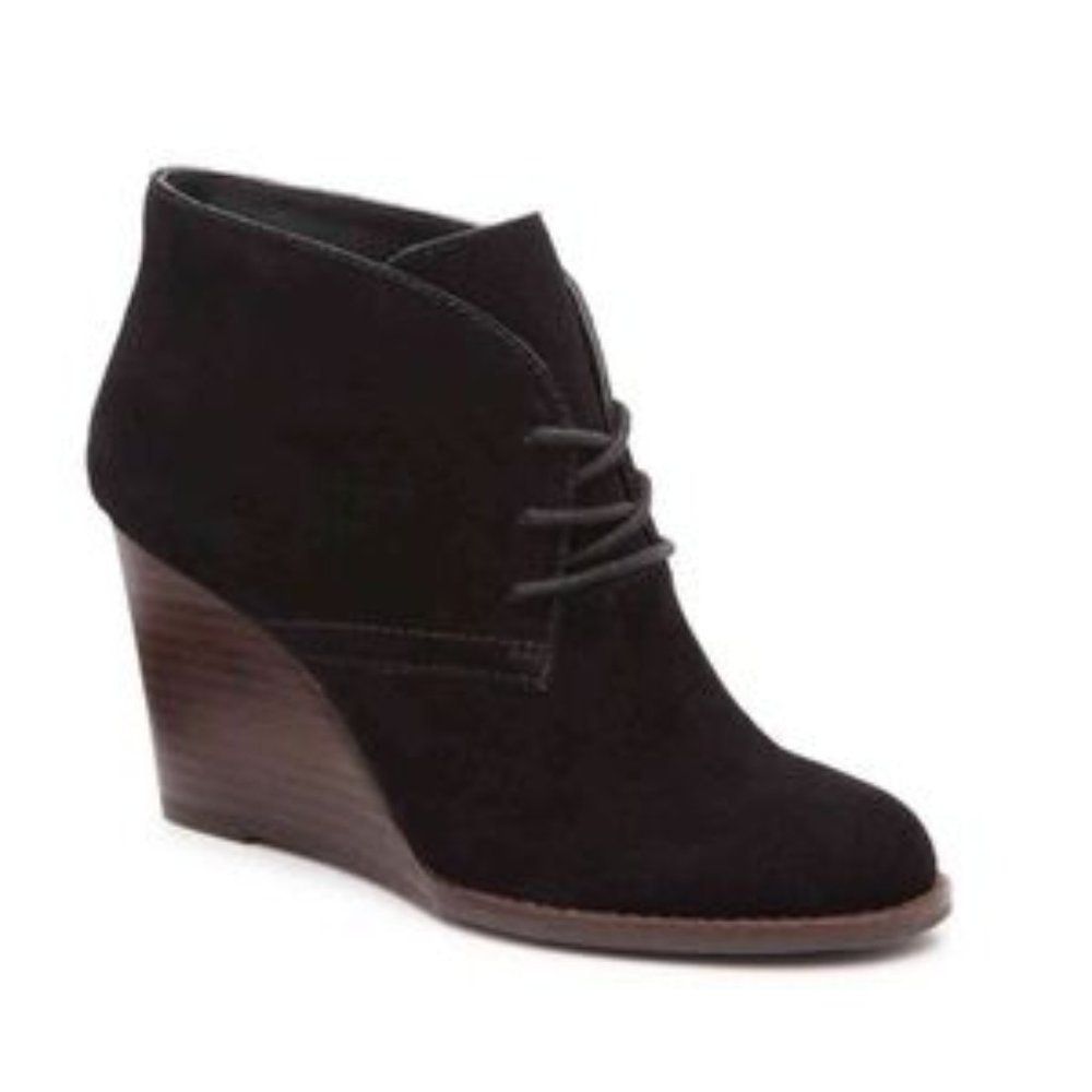 Lucky Brand 8.5M Wedge Booties Lace Up Black Suede Boots Stacked 3 1/2"‎ Heel